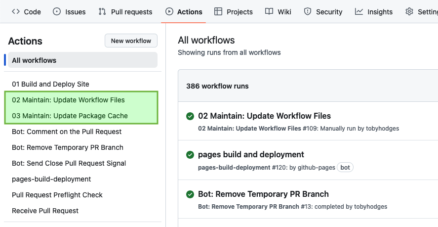 The side menu of a lesson repository's Actions tab, annotated to highlight the location of the two Maintain workflows